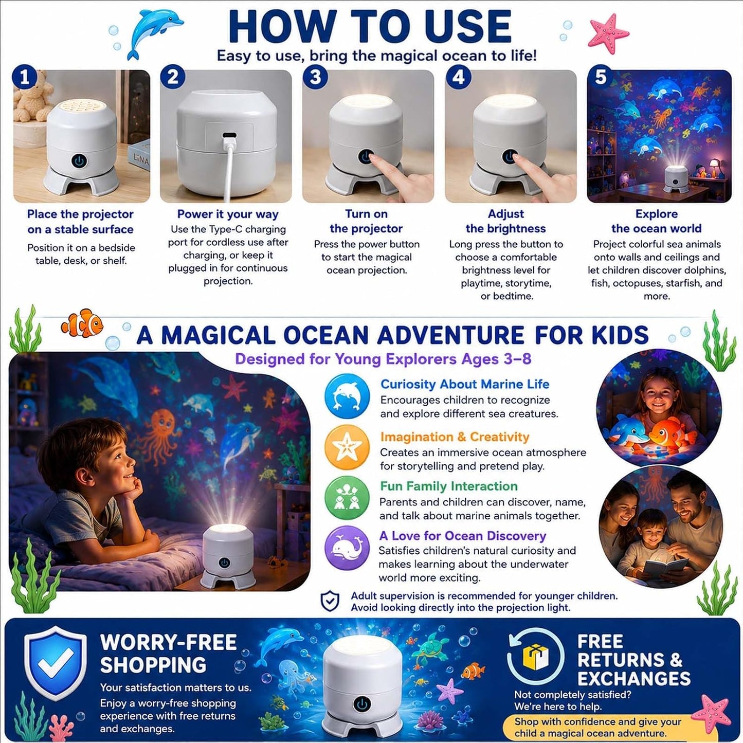 Dynamic 360° Rotating Ocean Wave Projector Night Light, Multi-Angle Projection Base, Plug & Play USB Dimmable Mood Light for Bedroom Meditation, Adults Home Theater Relaxation (1)