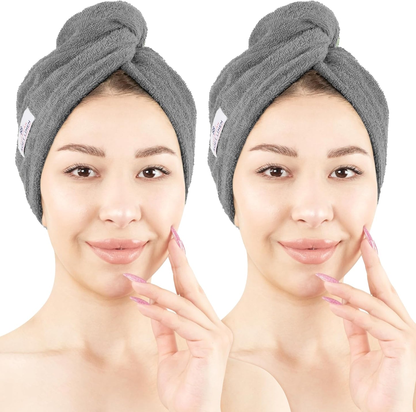 American Soft Linen 100% Cotton Hair Towels for Women, Head Towel Cap, Cotton Hair Turban Towel Wrap for Long Curly Anti Frizz Hair, Soft and Absorbent Cotton Hair Towels 2 Pack, White