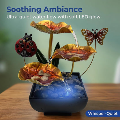 Tabletop Fountain,Indoor Water Fountain,Home Fengshui Décor Zen Relaxation Soothing Sound Machine for Office,Living Room,or Bedroom,Green Lotus,Hummingbird & Pink Flower