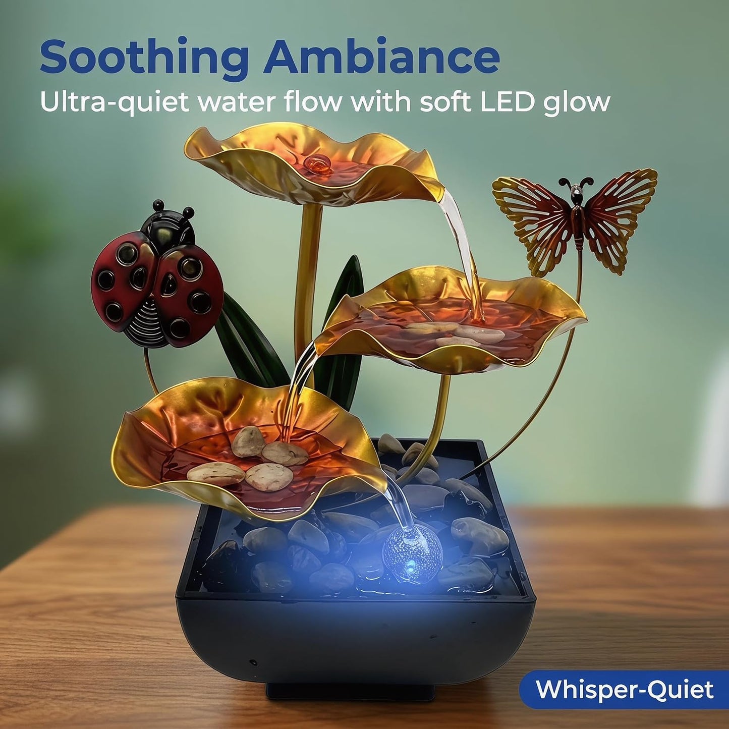 Tabletop Fountain,Indoor Water Fountain,Home Fengshui Décor Zen Relaxation Soothing Sound Machine for Office,Living Room,or Bedroom,Green Lotus,Hummingbird & Pink Flower,9.1inch
