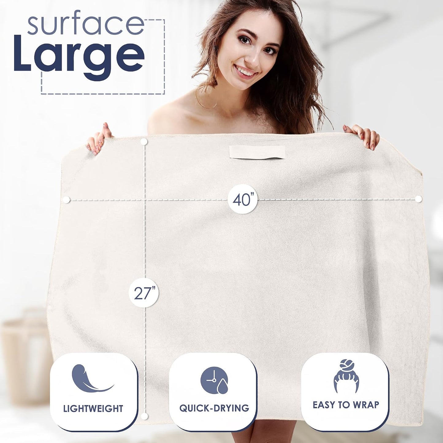 SimpleField Large Microfiber Hair Towel Wrap (27x40 Inches) for Women, Anti-Frizz Flat Rectangle Drying Towel with Full Hair Coverage Design, Elastic Band for Long, Curly and Thick Hair (Beige)