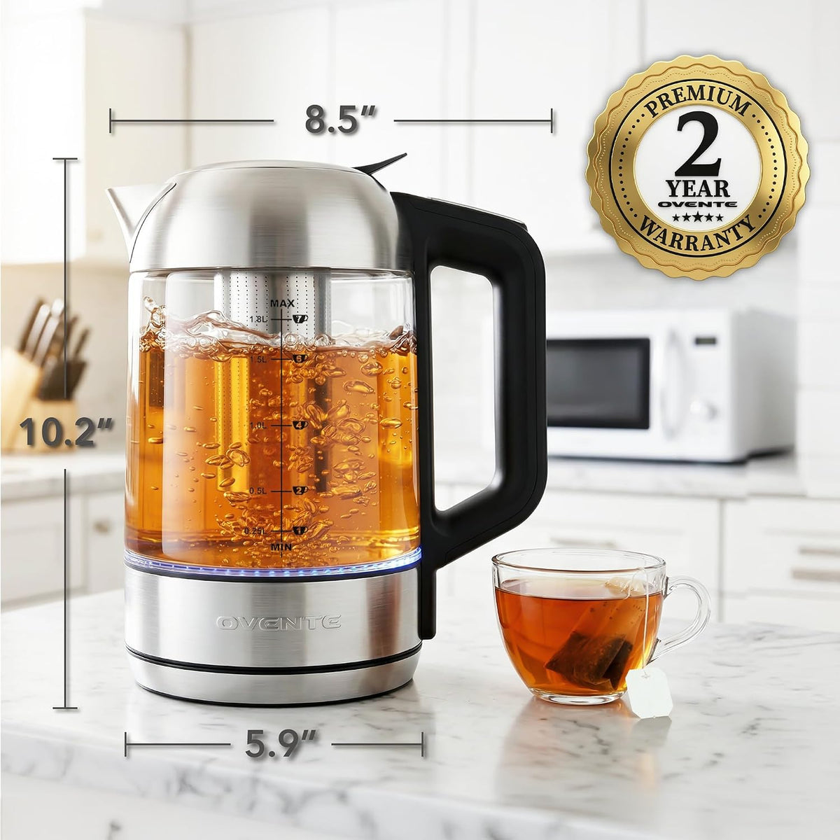 OVENTE 1.8L Glass Electric Kettle with Tea Infuser, Silver KGD752S