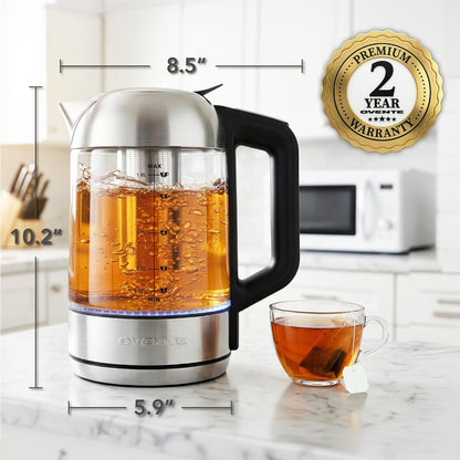 OVENTE 1.8L Glass Electric Kettle with Tea Infuser, Silver KGD752S