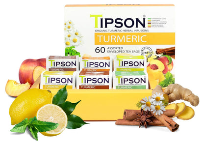 Tipson Organic Turmeric Variety Sampler - 6 Flavors (60 Tea Bags), Herbal Tea Infusions - USDA Organic, Non GMO, and Gluten Free