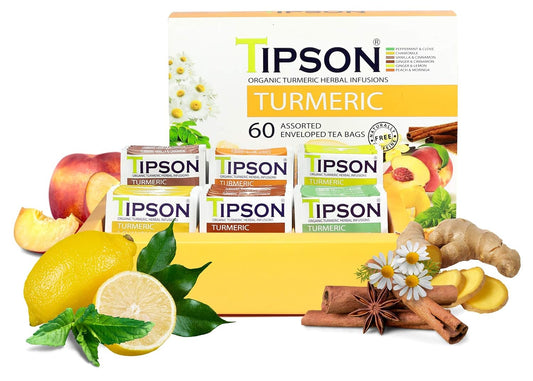 Tipson Organic Turmeric Variety Sampler - 6 Flavors (60 Tea Bags), Herbal Tea Infusions - USDA Organic, Non GMO, and Gluten Free