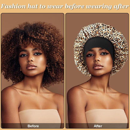 4PCS Silk Satin Bonnets for Black Women & Men - Elastic Wide Band Hair Wrap Cap for Curly Hair - Shower Cap for Sleeping (Black, Peacock Blue, Pink, Khaki)
