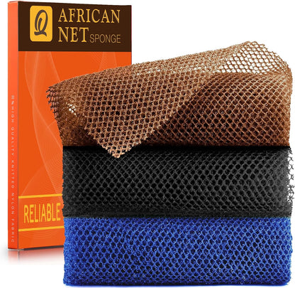 UJFQBH 3 Pieces African Bath Sponge African Net Long Net Bath Sponge Exfoliating Shower Body Scrubber Back Scrubber Skin Smoother,Great for Daily Use (Pink,Yellow,Purple)