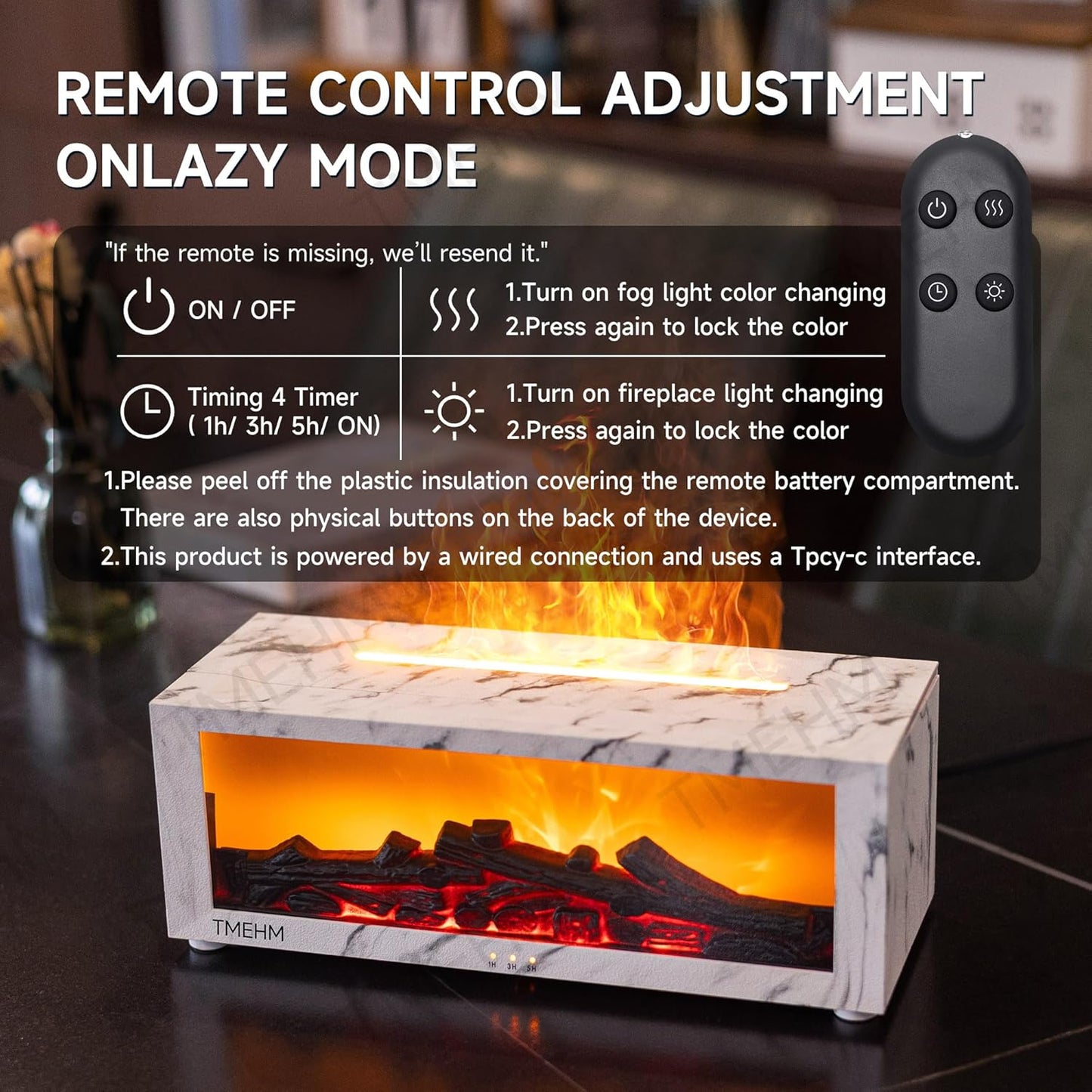TMEHM Fireplace Flame Air Diffuser Humidifier,7 Colors Aromatherapy Essential Oil Diffuser,Ultrasonic Aroma Humidifier with Timer for Home,Bedroom,Office,Yoga (Black)