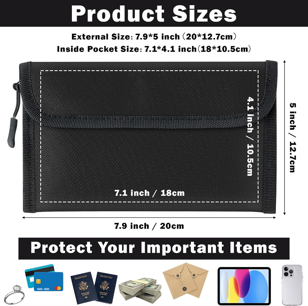 Fireproof Waterproof Document Bag - 5200°F Water Resistant Fire Proof Money Bag, 3 Layers of Heat Insulated Storage with Zipper, 7.9"x5" Portable Files Safe Pouch for Cash Passport (Black)