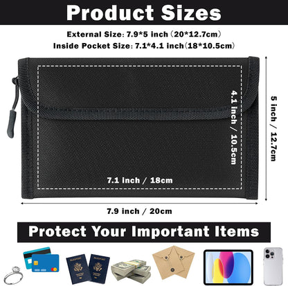 Fireproof Waterproof Document Bag - 5200°F Water Resistant Fire Proof Money Bag, 3 Layers of Heat Insulated Storage with Zipper, 7.9"x5" Portable Files Safe Pouch for Cash Passport (Black)