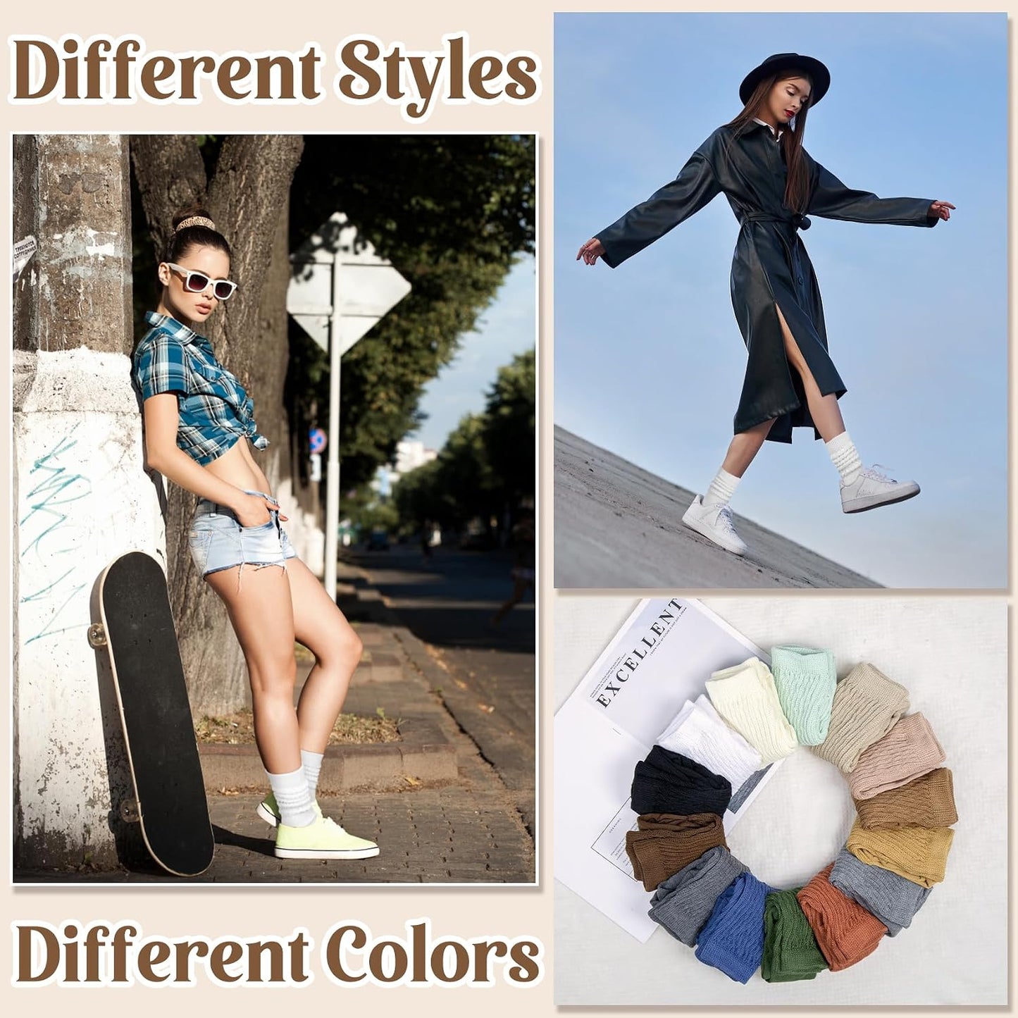 Justay 5 Pairs Slouchy Socks for Women - Slouch Long Crew Knit Boot Athletic Calf Tube Scrunch Socks