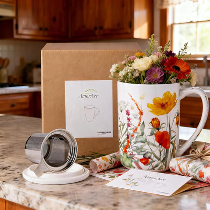 AmorArc Porcelain Tea Mug with Infuser and Lids, 18 Oz Large Cup Strainer with Bag Holder for Loose Leaf Tea, Steeping Coffee Mug for House-warming Wedding Birthday Gift
