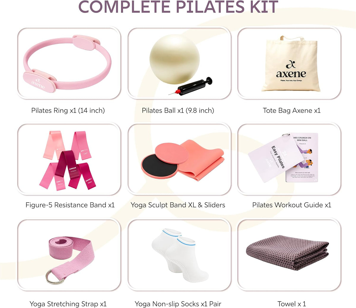 Axene Pilates Kit for Women – 14-Piece Set with Pilates Ring, Ball, Resistance Bands & Sliders | Home Workout Equipment, Non-Slip Socks, Yoga Strap, Bilingual Guide, Carry Bag