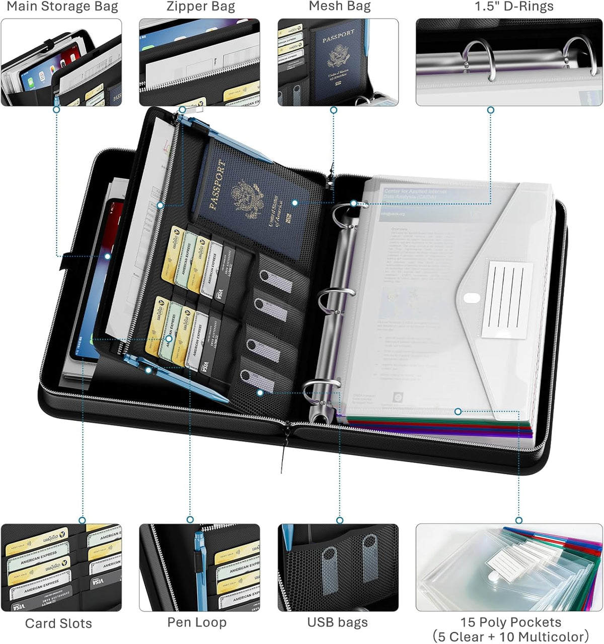Fireproof Binder Organizer with 15 Pack Pockets,Letter Size,Black