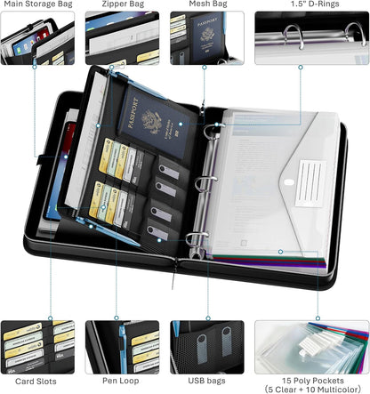 Fireproof Binder Organizer with 15 Pack Pockets,Letter Size,Black