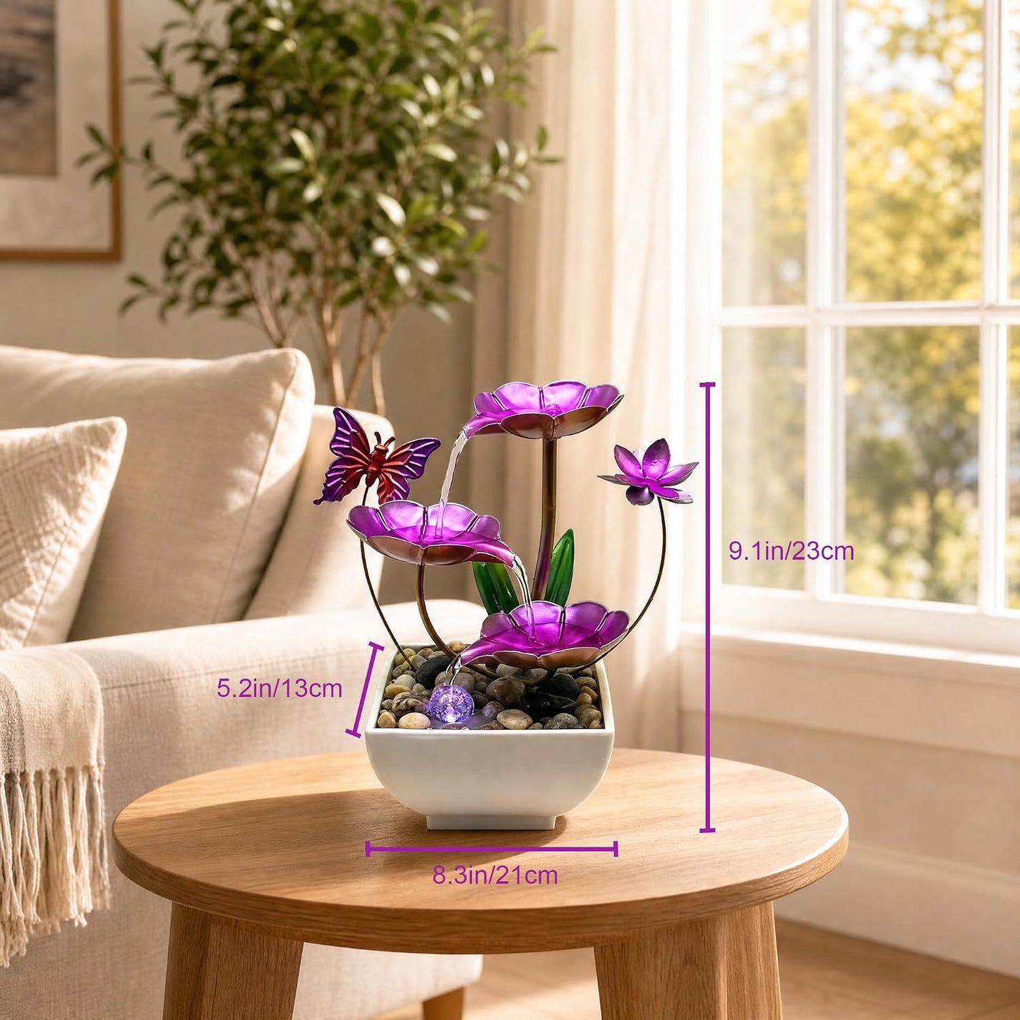 Tabletop Fountain,Indoor Water Fountain,Home Fengshui Décor Zen Relaxation Soothing Sound Machine for Office,Living Room,or Bedroom,Green Lotus,Hummingbird & Pink Flower
