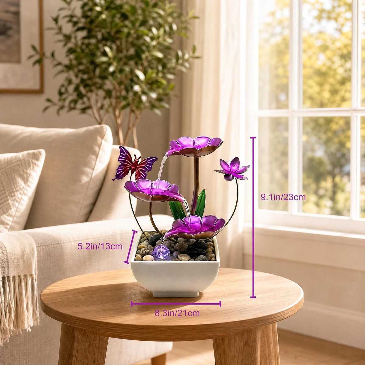 Tabletop Fountain,Indoor Water Fountain,Home Fengshui Décor Zen Relaxation Soothing Sound Machine for Office,Living Room,or Bedroom,Green Lotus,Hummingbird & Pink Flower,9.1inch
