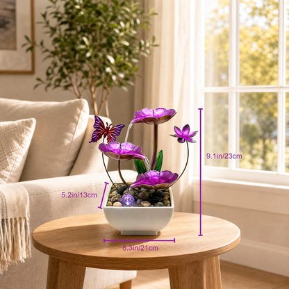 Tabletop Fountain,Indoor Water Fountain,Home Fengshui Décor Zen Relaxation Soothing Sound Machine for Office,Living Room,or Bedroom,Green Lotus,Hummingbird & Pink Flower,9.1inch