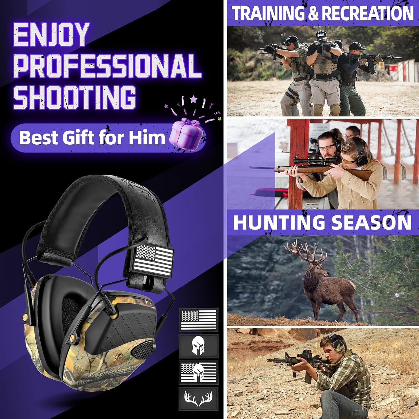 ZOHAN Electronic Shooting Earmuffs Built in Ambient Sound Amplifier, Hearing Protection for Shooters, NRR 23dB Noise Reduction, Ideal Gun Range Ear Protection Headphones for Hunting-Black&Purple