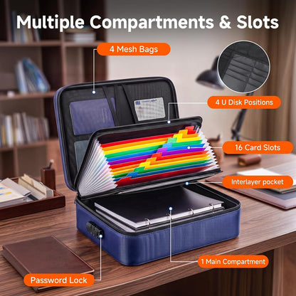 Fireproof Document Box With Lock, 16 Pocket Document Organizer