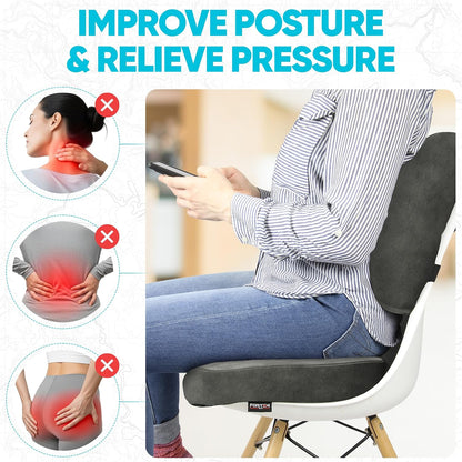 FORTEM Seat Cushion, Office Chair Cushion, Lumbar Support Pillow for Office Chair, Memory Foam Car Seat Cushions, Sciatica Coccyx Tailbone Pain Relief, Cushions for Back Support, Washable, Non Slip