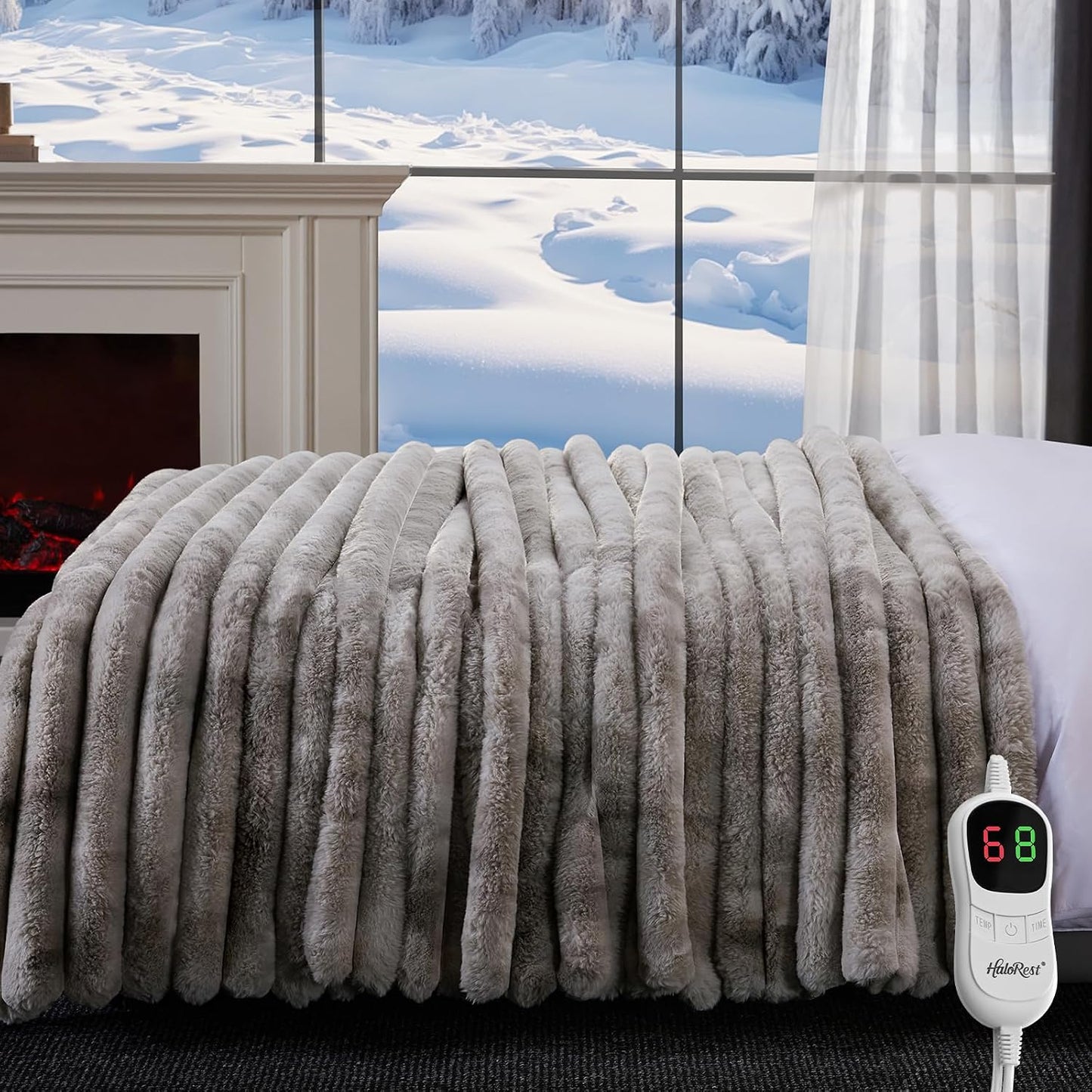 Heated Throw Blanket, Faux Fur Cozy Heating Blanket with Overheat Protection, 1/2/4/6/8 Hours Auto-Off 10 Heat Level, Machine Washable (50x60 Inches, Cream White)