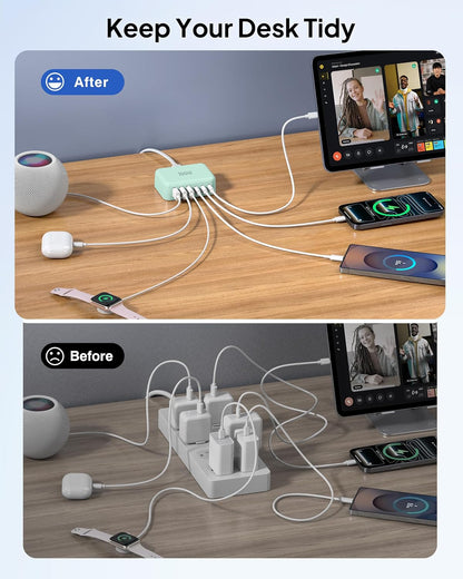 USB Fast Charger Block 50% Smaller 100W Max 6-Port GaN USB Charging Station