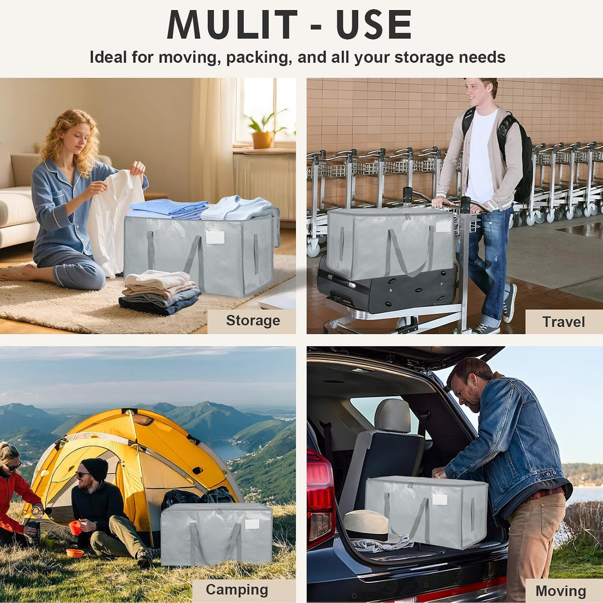 Moving Bags Extra Large - Heavy Duty Storage Totes with Wrap-Around Handles & Reinforced Zippers - Foldable Moving Box Alternative, Water-Resistant for Dorm, Closet & Under Bed Storage (Clear)