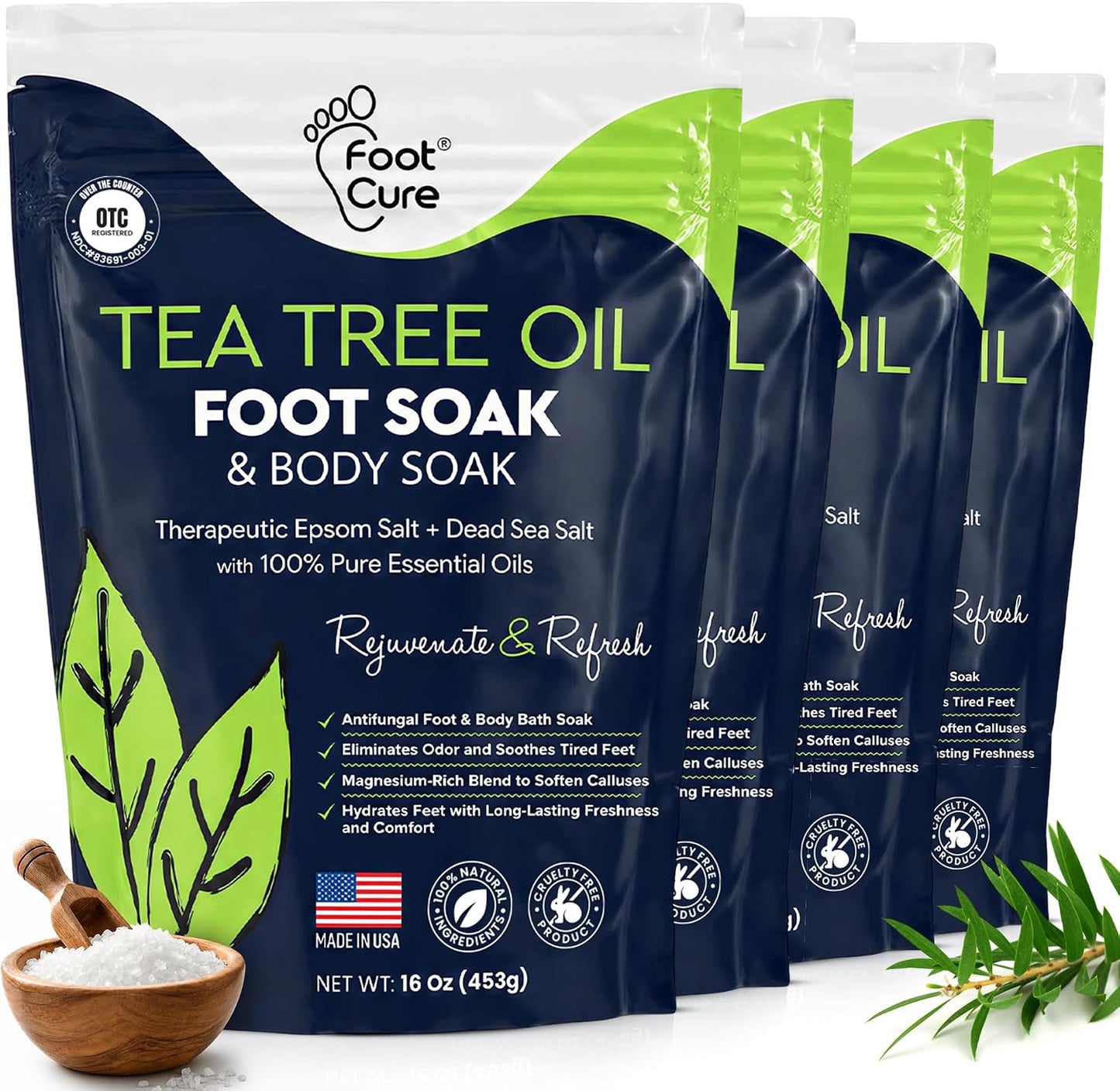 FOOT CURE Tea Tree Oil Foot Soak with Epsom Salt - Best Toenail Fungus Treatment, Athletes Foot & Softens Calluses - Soothes Sore & Tired Feet, Fungal Toe, Foot Odor Scent, Spa Pedicure (Pack of 2)