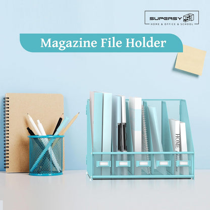 SUPEASY Desk Organizers Metal Desk Magazine File Holder with 5 Vertical Compartments Rack File Organizer for Office Desktop, Classroom, Home Workspace, Black