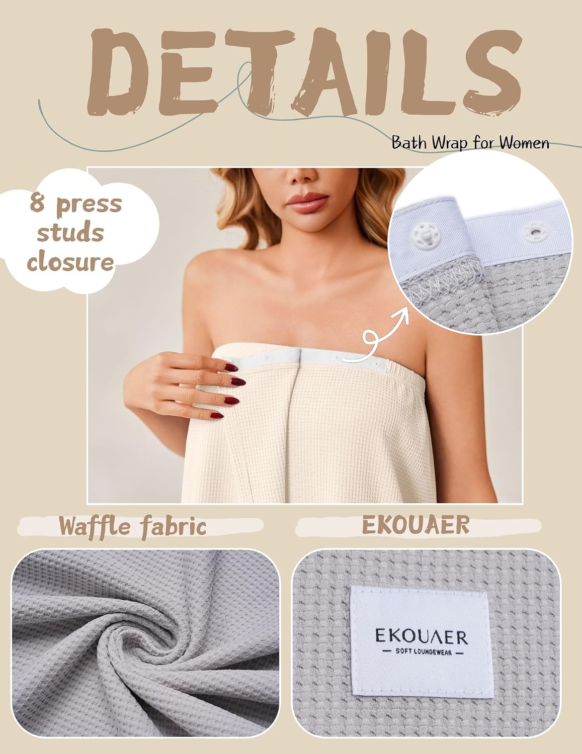 Ekouaer Waffle Robes Towel Wrap for Women Bath Wrap Lightweight Spa Robe