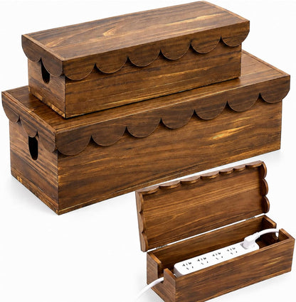 Patelai 2 Pcs Wooden Cord Basket Hider Cable Management Box Scalloped Edge