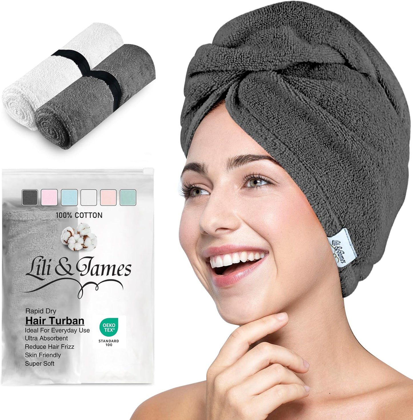 Lili&James 100% Cotton Hair Towel Wrap for Women & Kids – 420 GSM Quick Dry Hair Turban with Double Button Loop, Anti Frizz Non Microfiber Hair Drying Towel for Curly, Long & Thick Hair (Lilac)
