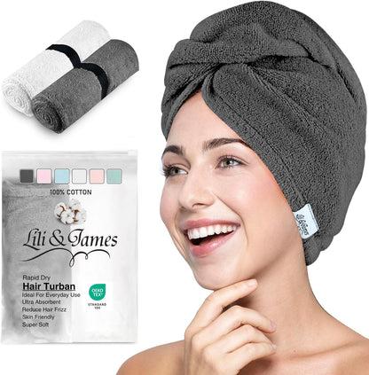 Lili&James 100% Cotton Hair Towel Wrap for Women & Kids – 420 GSM Quick Dry Hair Turban with Double Button Loop, Anti Frizz Non Microfiber Hair Drying Towel for Curly, Long & Thick Hair (Lilac)