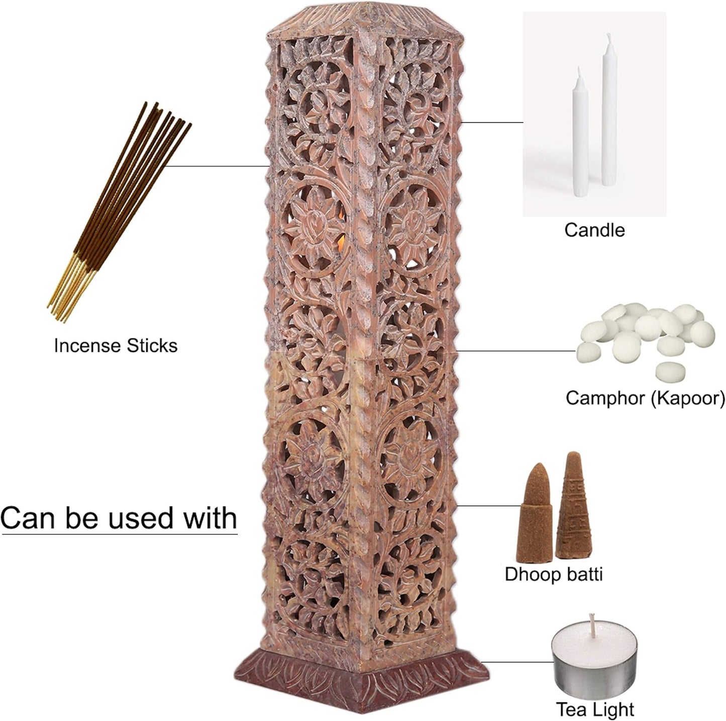 Carry Me Handmade Marble Soapstone Incense Stick Burner | Candle Stick Holder, Tea Light Stand, 3 x 3 x 11 Inches, Decorative Home and Kitchen Decor, Perfect for Gifting