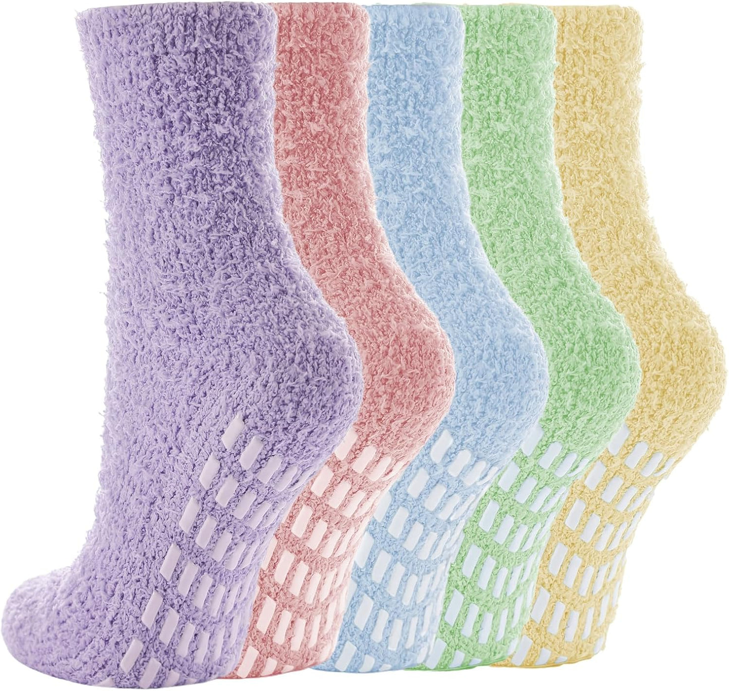 5 Pairs Fuzzy Socks with Grips for Women, Non Slip Cozy Fluffy Soft Socks, Winter Sleep Slipper Hospital