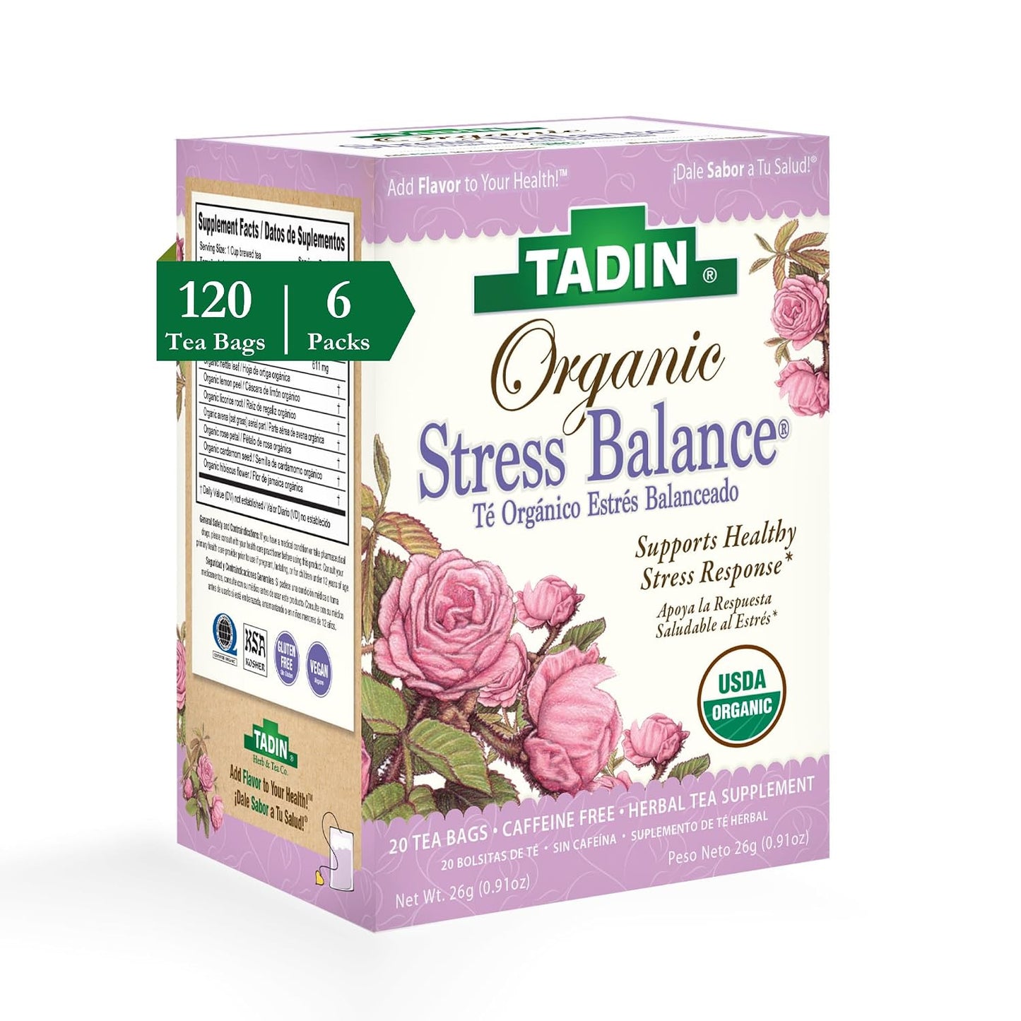 Tadin Organic Chamomile Lavender Tea, Caffeine Free Herbal Tea to Promote Serenity, 20 Tea Bags Per Box, Pack of 6