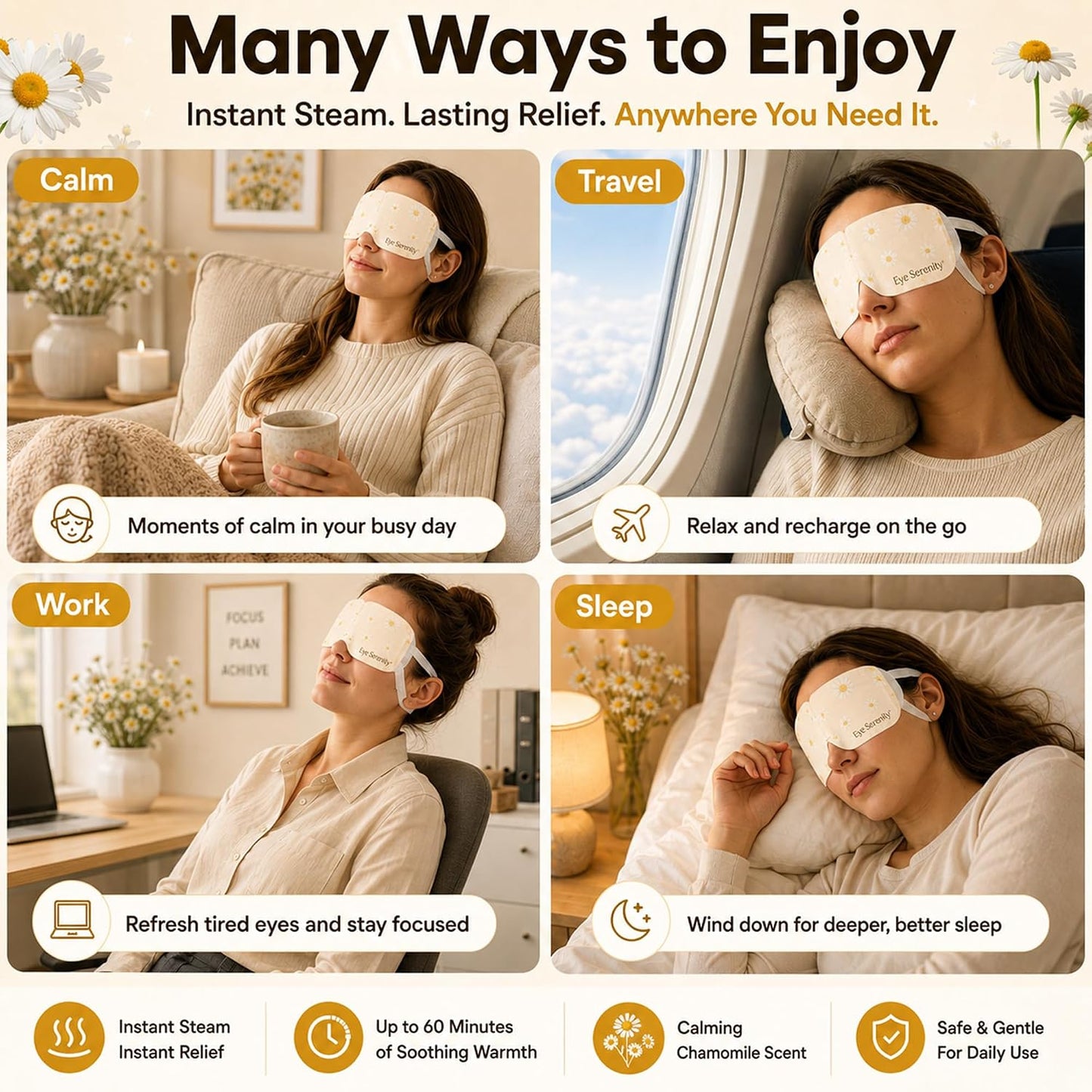Eye Serenity Steam Eye Mask, Heated Eye Mask, Self Heating Warm Compress for Dry Eyes, Fast Relief for Stye, Puffy Sensitive Eyes, Moist Heat, Gift for Women and Men - Unscented