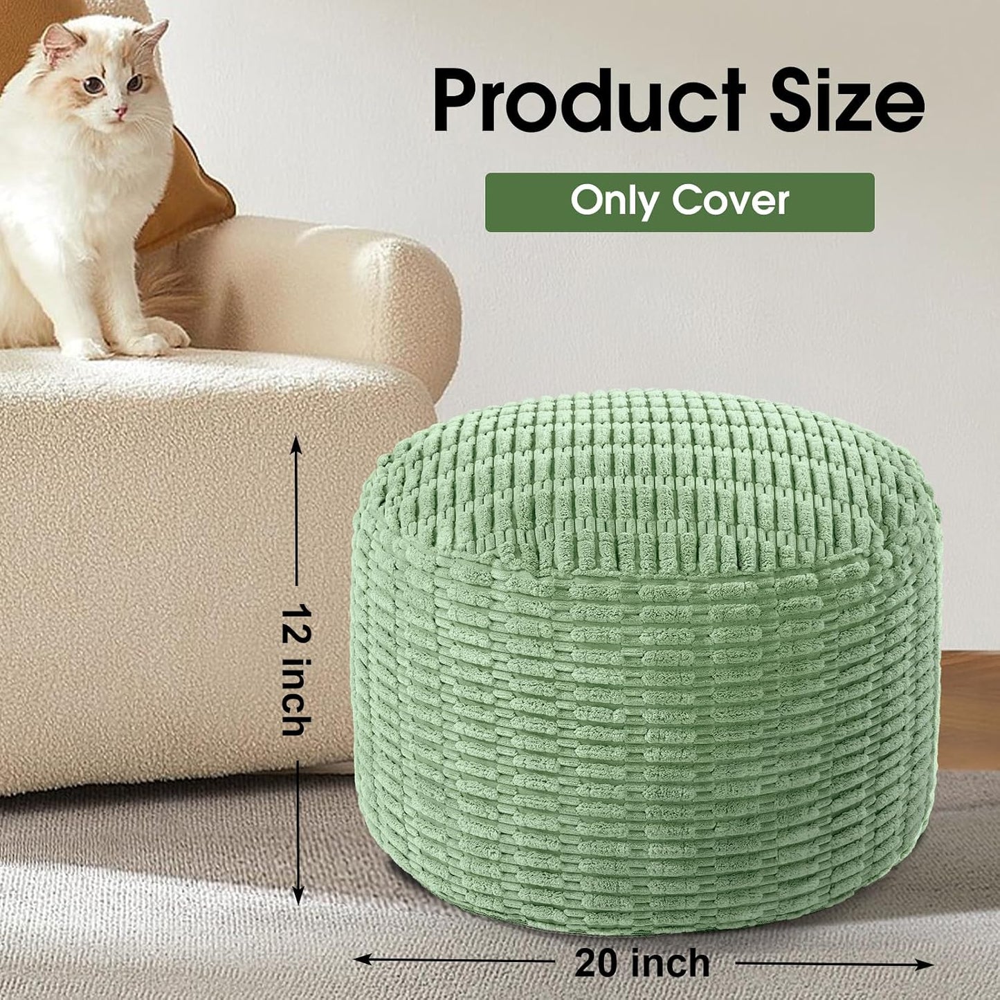 HOMBYS Unstuffed Ottoman Pouf Cover,Round Faux Fur Foot Stool, Fuzzy Chair, Floor Bean Bag(No Filler),Foot Rest with Storage for Living Room, Bedroom, Office, Striped Tufted (Beige)