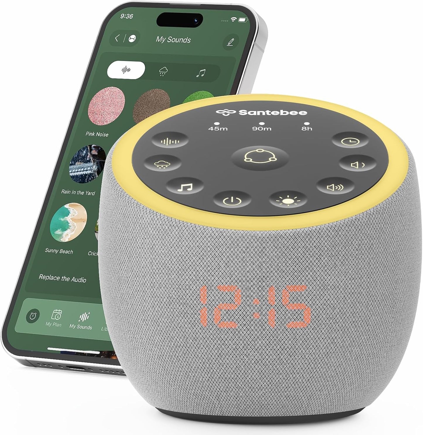 Santebee Sound Machine for Sleep, Smart White Noise Sound Machine 388 Soothing Sounds, 3 Custom Buttons APP Control Night Light, Noise Canceling Dimmable Clock for Adults Baby Kids Lullaby Office