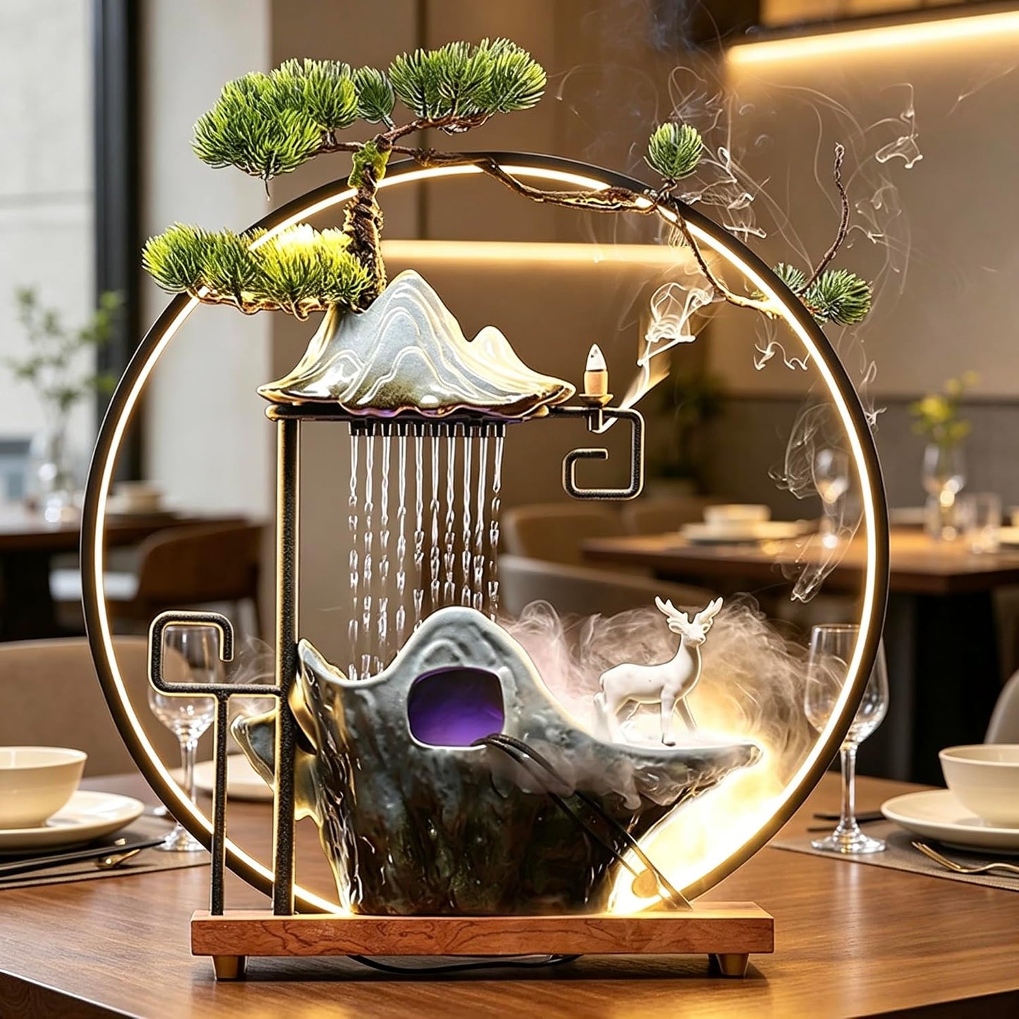 Mini Artificial Bonsai Tree Waterfall Fog Feature Rock Tabletop Fountain | 11in Desktop Decor Waterfall Fountain W/ Water Pump& Atomizer&LED Lights &Fake Tree Office Bedroom Relax
