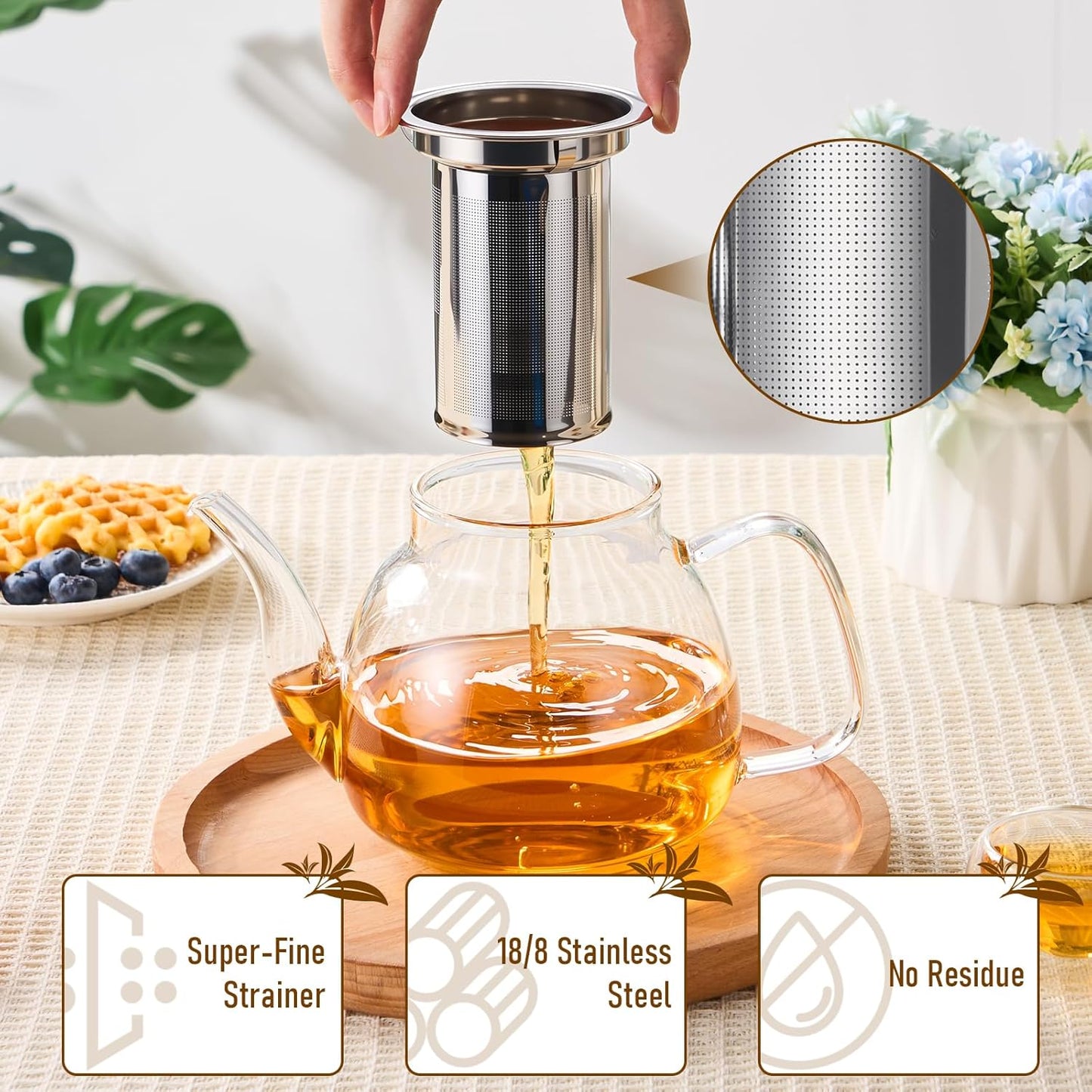 PARACITY Glass Teapot Stovetop 40 OZ/1200ml, Borosilicate Clear Tea Kettle with Removable 18/8 Stainless Steel Infuser, Teapot Blooming and Loose Leaf Tea Maker Tea Brewer for Camping, Travel