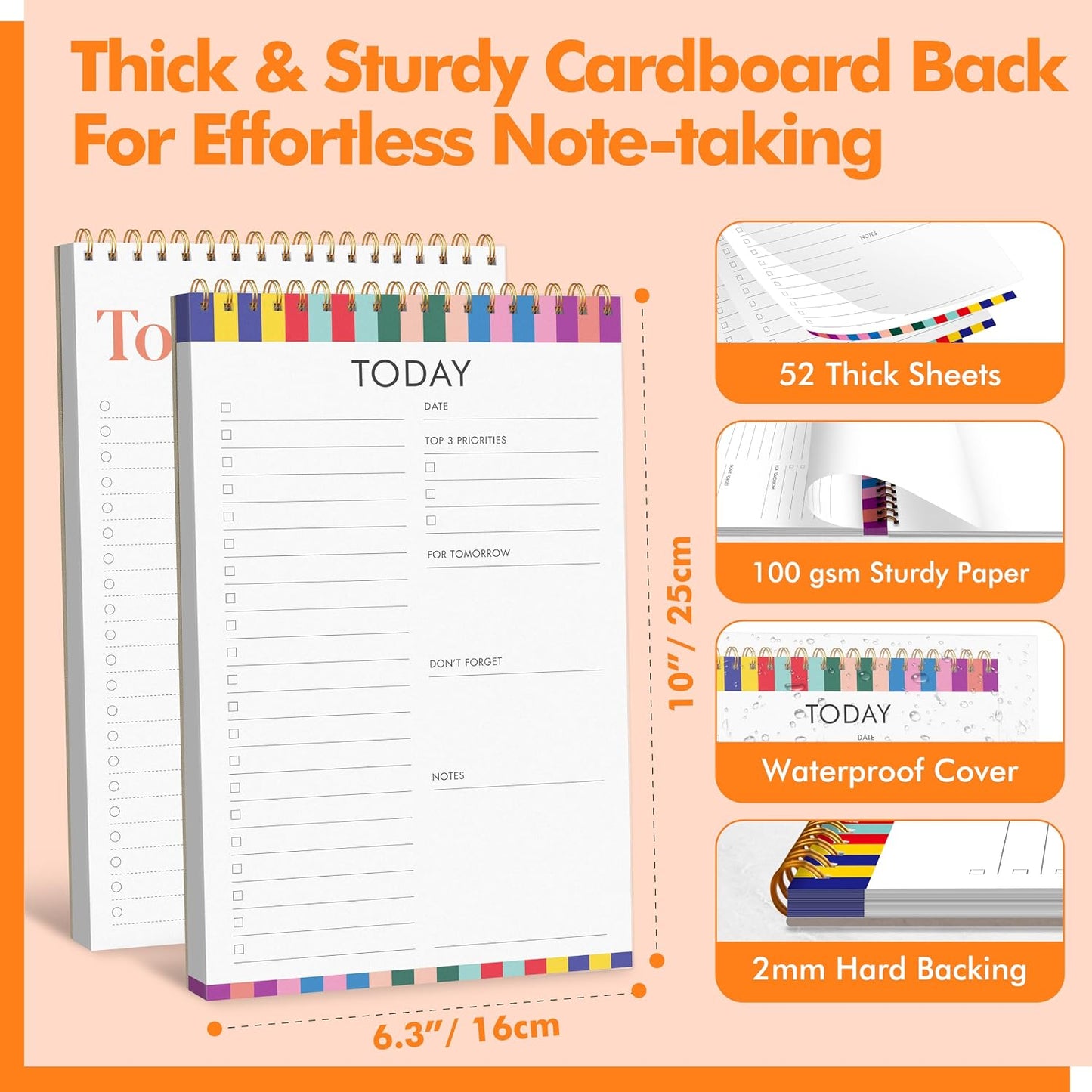 2 To Do List Notepads, Daily Planner Notebook with Tear-off Design, Undated Writing Organizer for Daily Tasks and Goal, Coiled Task Track Checklist Productivity Pad for Office, Classroom, Home, School
