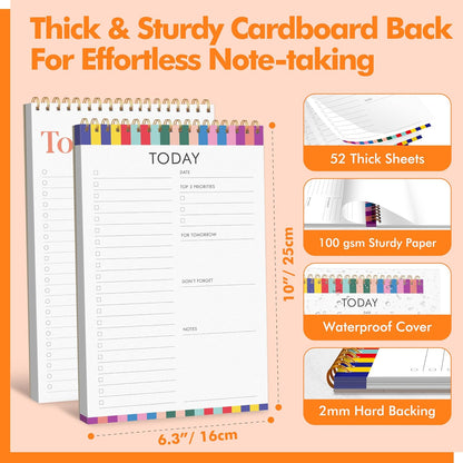 2 To Do List Notepads, Daily Planner Notebook with Tear-off Design, Undated Writing Organizer for Daily Tasks and Goal, Coiled Task Track Checklist Productivity Pad for Office, Classroom, Home, School