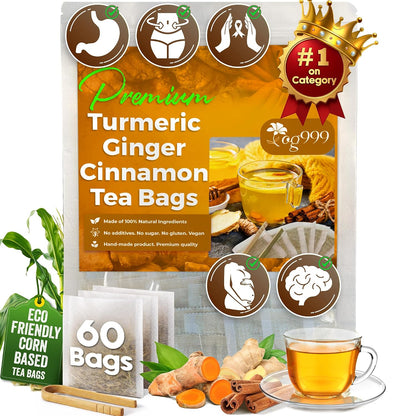TOG999, 60 Bags Premium Turmeric Ginger Cinnamon Tea. Upgraded Version. Improve Digestion, Support Brain, Weight, Skin and Sleep. Eco-Conscious Tea Bags. No Sugar, No Caffeine, No Gluten, Vegan.