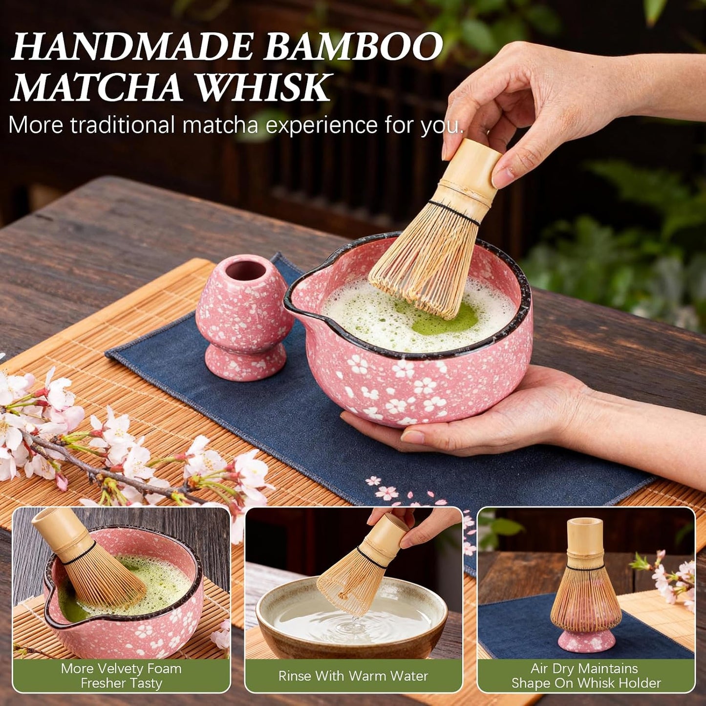 Matcha Whisk Set, 7 PCS Ceramic Matcha Sets with Bowl, Bamboo Whisk and Holder, Towel, Sifter, Bamboo Scoop, Scoop Rest, Christmas Gifts for Tea Lovers, Birthdays New Year Gifts for Women Mom