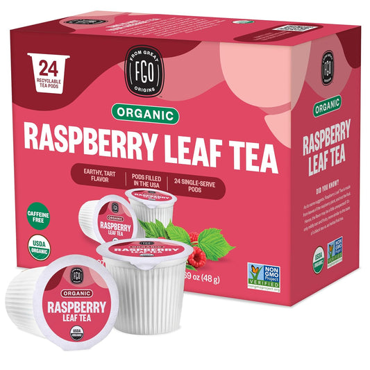 FGO Organic Raspberry Leaf Tea K-Cup Pods for Keurig, 24 Count (Pack of 1), Naturally Caffeine-Free Herbal Tea, USDA Organic, Non-GMO, & Recyclable