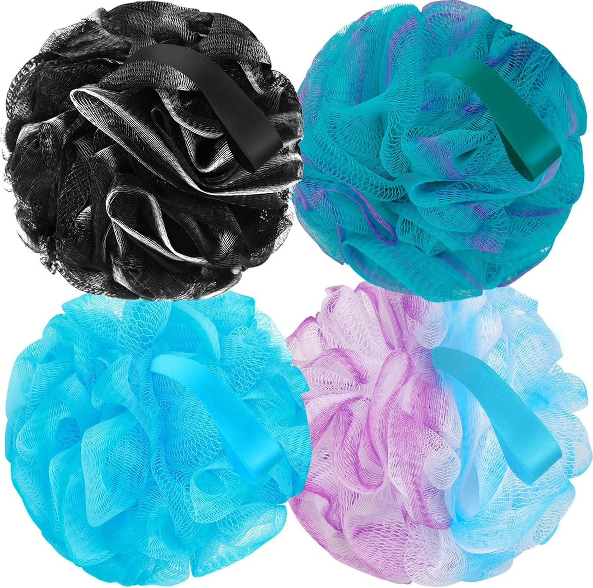 FARMOGA Bath Loofah Sponge Body Scrubber Shower Sponge Exfoliating Mesh Pouf Shower Ball Bath Sponges for Women and Men Bathing Accessories (4Pack 50G Colorful)