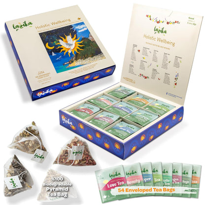 Lazika Herbal Tea Variety Pack with Lovely Presentation Box, Holistic Wellbeing Tea Assortment Gift Set, Premium Collection with Pyramid Infuser Bag, Handcrafted