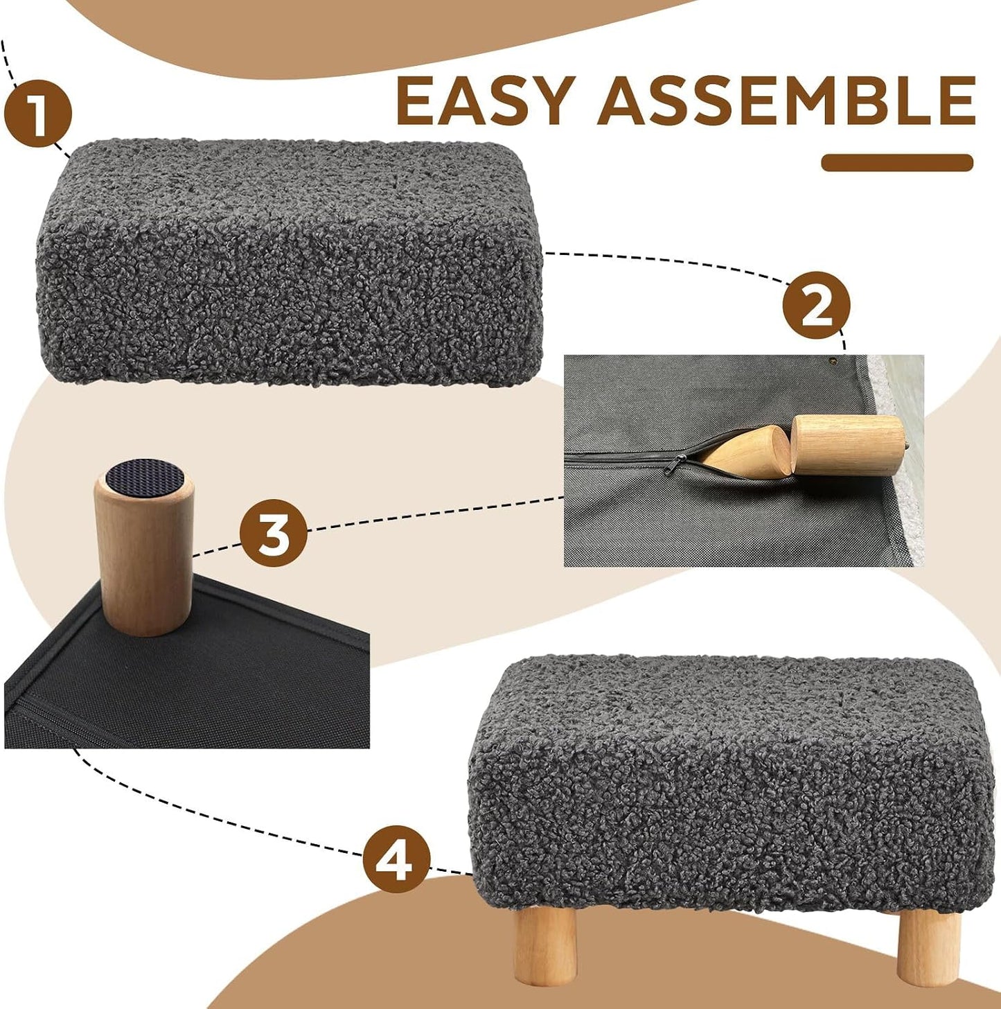 Small Foot Stool Ottoman, Sherpa Footstool Ottoman Foot Rest for Couch, Rectangle Footstools and Ottomans Small for Living Room, Entryway and Bedroom (White)